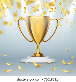 Winner background. First place of competition. Podium with spotlights and confetti