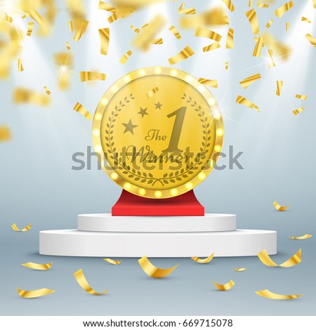 Winner background. First place of competition. Podium with spotlights and confetti