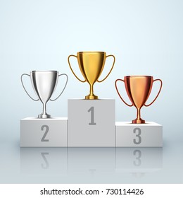 Winner Background. Gold, Silver And Bronze Trophy Cup On Prize Podium. Vector Illustration