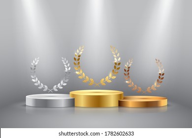 Winner background with golden, silver and bronze laurel wreaths with ribbons on round pedestal isolated on gray background. Vector winner podium sports symbols