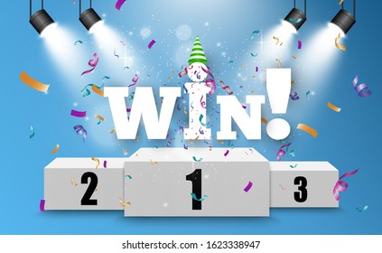 
Winner background with light effects, confetti and a festive cap. Winning illustration for congratulations.