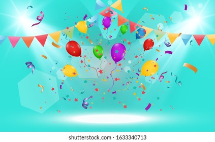 Winner background with light effects, confetti and a festive cap. Winning illustration for congratulations.