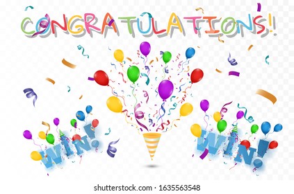 Winner background with light effects, confetti and a festive cap. Winning illustration for congratulations.
