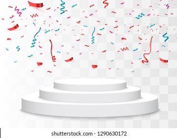 Winner background. Podium with colorful confetti. Festive vector illustration