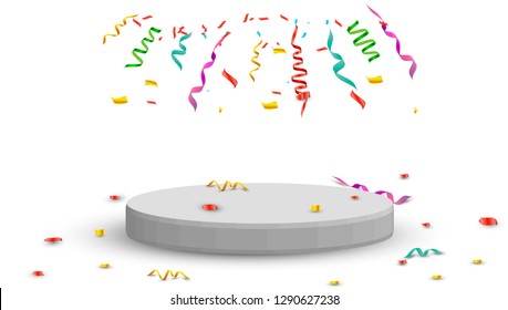 Winner background. Podium with confetti. Festive vector illustration