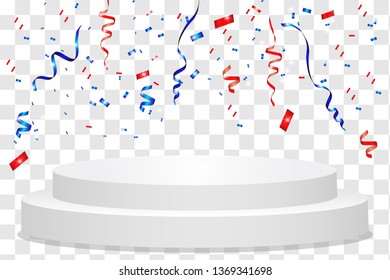 Winner background. Podium with confetti. Festive vector illustration