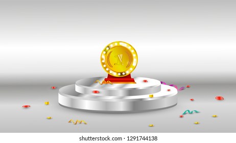 Winner background. Podium with spotlights and confetti. Vector illustration 