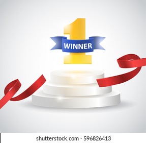 Winner background with red ribbon, on round pedestal isolated on white. Poster or brochure template. Vector illustration.