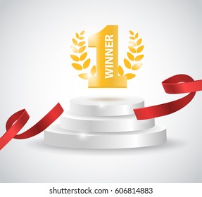 Winner background with red ribbon, on round pedestal isolated on white. Poster or brochure template. Vector illustration.