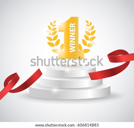 Winner background with red ribbon, on round pedestal isolated on white. Poster or brochure template. Vector illustration.