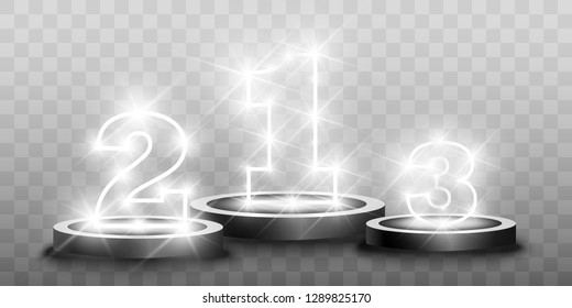 
Winner background with signs of first, second and third place on a round pedestal. Vector winner podium sports symbols.