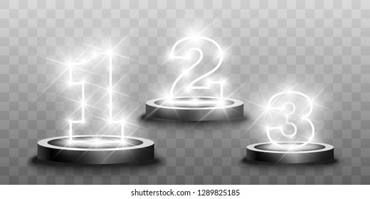 
Winner background with signs of first, second and third place on a round pedestal. Vector winner podium sports symbols.