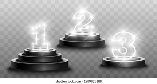 
Winner background with signs of first, second and third place on a round pedestal. Vector winner podium sports symbols.