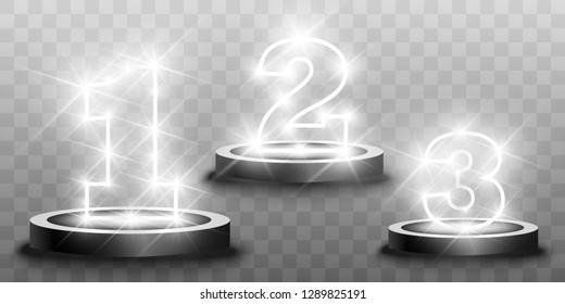 
Winner background with signs of first, second and third place on a round pedestal. Vector winner podium sports symbols.