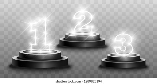 
Winner background with signs of first, second and third place on a round pedestal. Vector winner podium sports symbols.