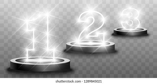 Winner background with signs of first, second and third place on a round pedestal. Vector winner podium sports symbols.
