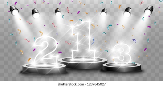 Winner background with signs of first, second and third place on a round pedestal. Vector winner podium sports symbols.
