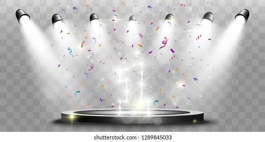 Winner background with signs of first, second and third place on a round pedestal. Vector winner podium sports symbols.
