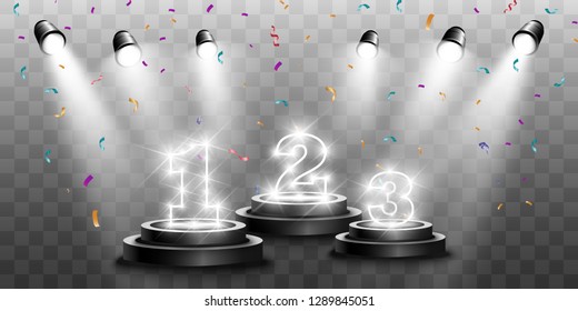 Winner background with signs of first, second and third place on a round pedestal. Vector winner podium sports symbols.
