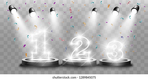 Winner background with signs of first, second and third place on a round pedestal. Vector winner podium sports symbols.
