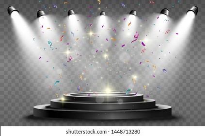 Winner background with signs of first, second and third place on a round pedestal. Vector winner podium sports symbols.