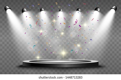 Winner background with signs of first, second and third place on a round pedestal. Vector winner podium sports symbols.