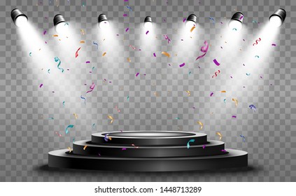 Winner background with signs of first, second and third place on a round pedestal. Vector winner podium sports symbols.