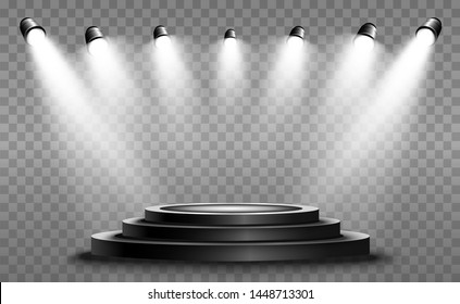Winner background with signs of first, second and third place on a round pedestal. Vector winner podium sports symbols.