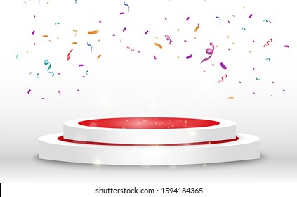 Winner background with signs of first, second and third place on a round pedestal. Vector winner podium sports symbols.