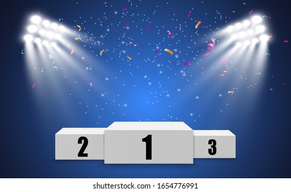 Winner background with signs of first, second and third place on a round pedestal. Vector winner podium sports symbols.