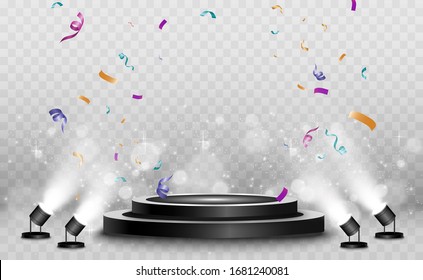 Winner background with signs of first, second and third place on a round pedestal. Vector winner podium sports symbols.