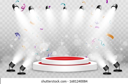 Winner background with signs of first, second and third place on a round pedestal. Vector winner podium sports symbols.