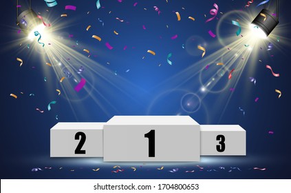 Winner background with signs of first, second and third place on a round pedestal. Vector winner podium sports symbols.