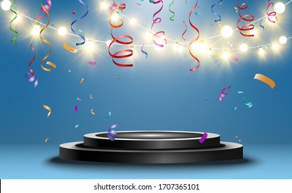 Winner background with signs of first, second and third place on a round pedestal. Vector winner podium sports symbols.