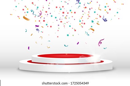 Winner background with signs of first, second and third place on a round pedestal. Vector winner podium sports symbols.