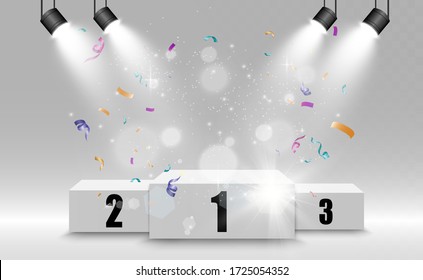 Winner background with signs of first, second and third place on a pedestal. Vector winner podium sports symbols.