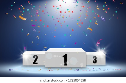Antecedentes ganadores con señales de primer, segundo y tercer lugar en un pedestal. Símbolos deportivos de podio del ganador del vector.