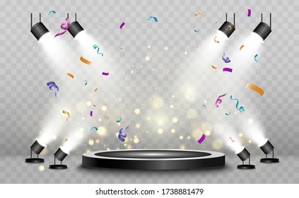 Winner background with signs of first, second and third place on a round pedestal. Vector winner podium sports symbols.