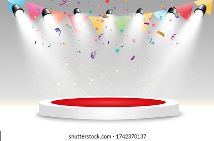 Winner background with signs of first, second and third place on a round pedestal. Vector winner podium sports symbols.