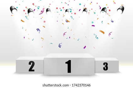Winner background with signs of first, second and third place on a round pedestal. Vector winner podium sports symbols.