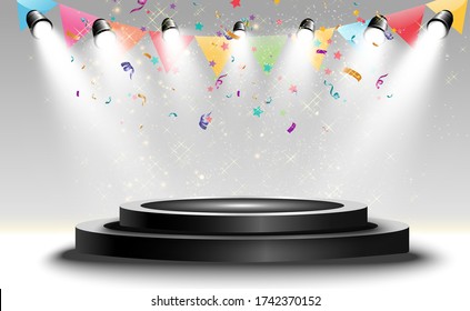 Winner background with signs of first, second and third place on a round pedestal. Vector winner podium sports symbols.