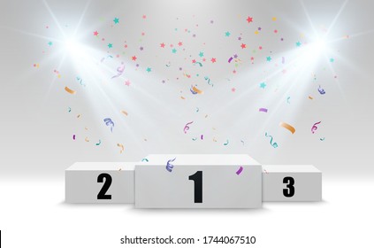 Winner background with signs of first, second and third place on a round pedestal. Vector winner podium sports symbols.