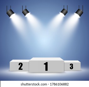 Winner background with signs of first, second and third place on a round pedestal. Vector winner podium sports symbols.