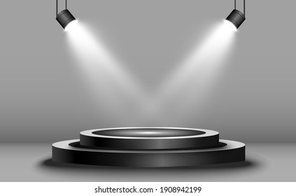 Winner background with signs of first, second and third place on a round pedestal. Vector winner podium sports symbols.