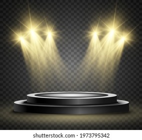 Winner background with signs of first, second and third place on a round pedestal. Vector winner podium sports symbols.