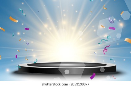 Winner background with signs of first, second and third place on a round pedestal. Vector winner podium sports symbols.	