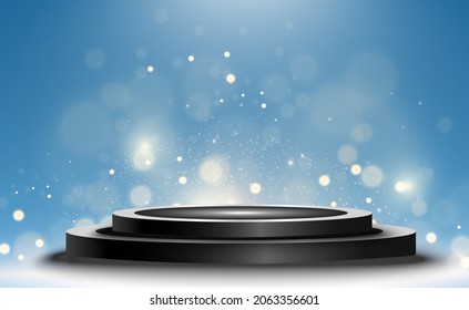 Winner background with signs of first, second and third place on a round pedestal. Vector winner podium sports symbols.