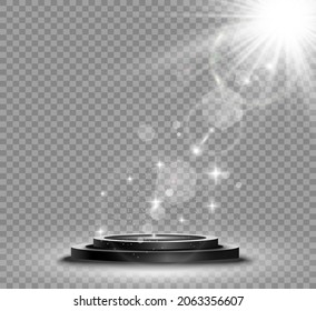 Winner background with signs of first, second and third place on a round pedestal. Vector winner podium sports symbols.
