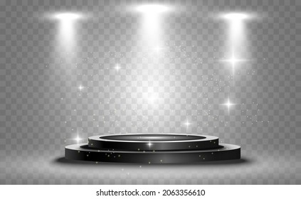 Winner background with signs of first, second and third place on a round pedestal. Vector winner podium sports symbols.