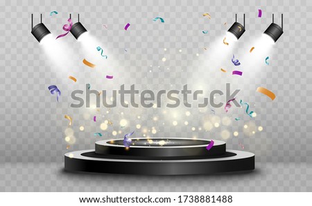 Winner background with signs of first, second and third place on a round pedestal. Vector winner podium sports symbols.